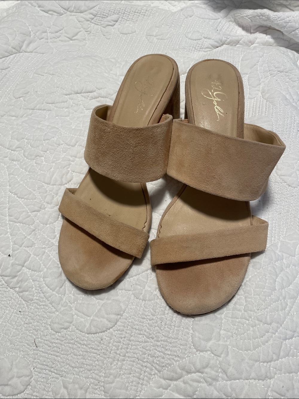 42 GOLD Beige Suede Double-Strap Slide Mules